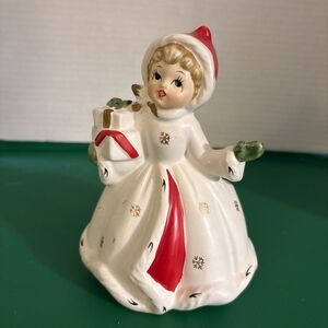 NAPCOWARE  CHRISTMAS GIRL PLANTER w GIFTS/ PRESENTS  green gloves JAPAN x-8389